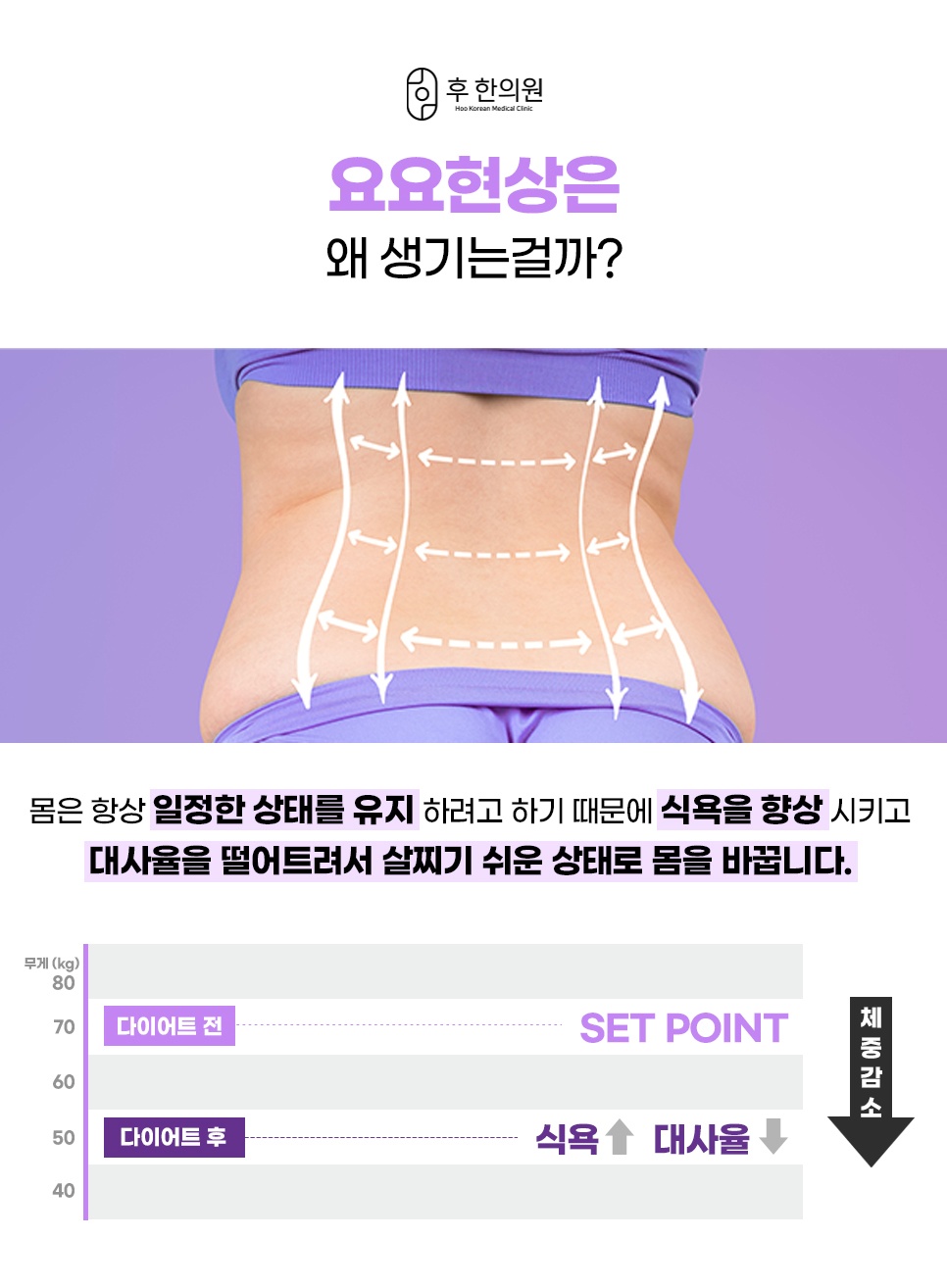 몸이 일정한 상태를 유지하려는 세트포인트 때문에 식욕이 늘고 대사율이 떨어져 요요현상이 생기는 원리