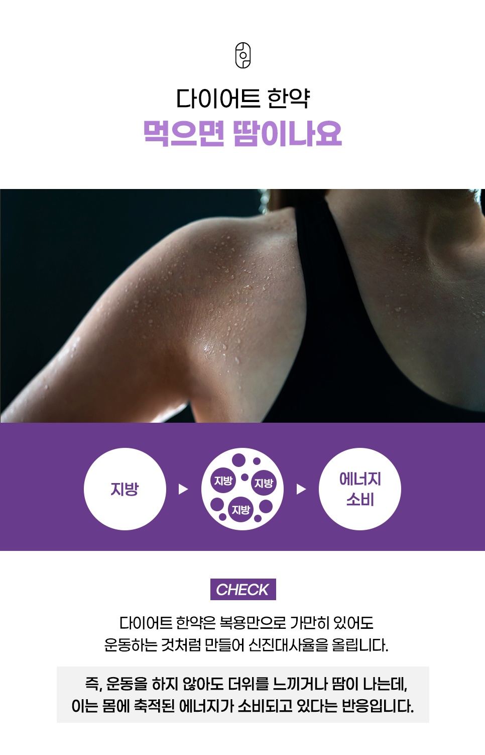 어깨에 땀방울이 맺힌 모습과 지방이 에너지로 소비되는 과정으로 설명한 다이어트 한약 땀 반응